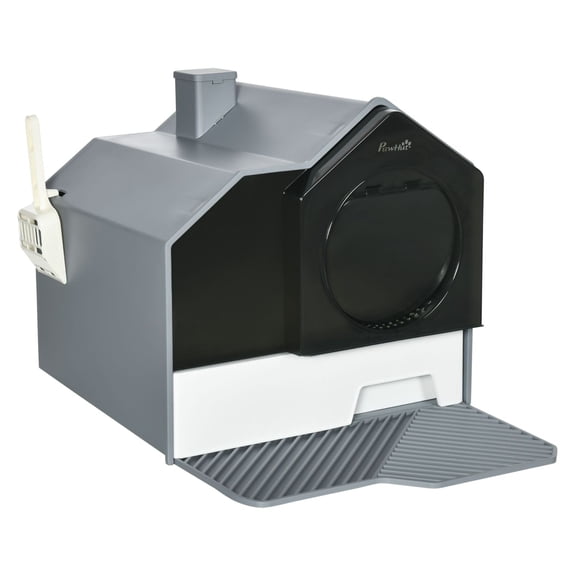 Hooded Cat Litter Box Furniture - Gray Enclosed Litter Box with Drawer, Scoop & Mat - Easy Clean, Odor Control for Cats Up to 10lbs