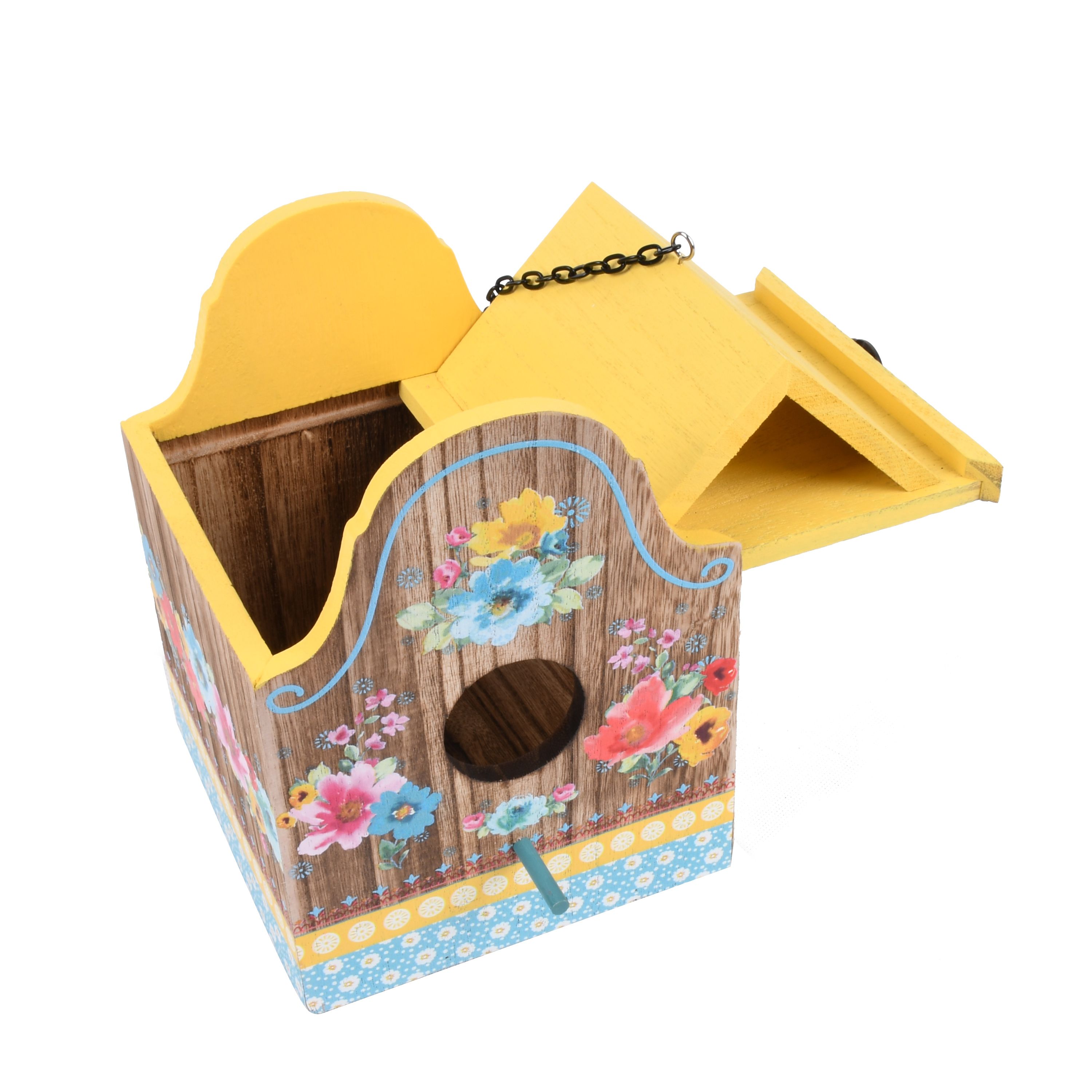 The Pioneer Woman Breezy Blossom Yellow Wood Birdhouse with Removable Roof, 6.3" x 7.2" x 8"