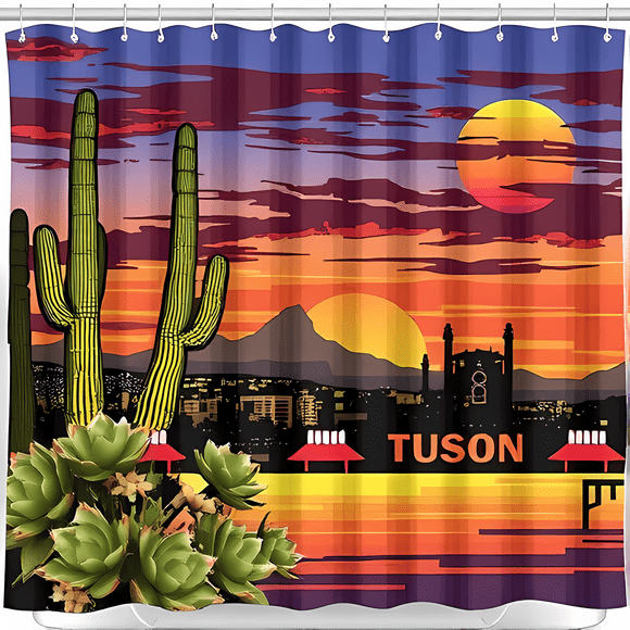 Vibrant Tucson Cityscape Shower Curtain - Sunset Design with Saguaro Cacti & Bold 'Tucson' Text