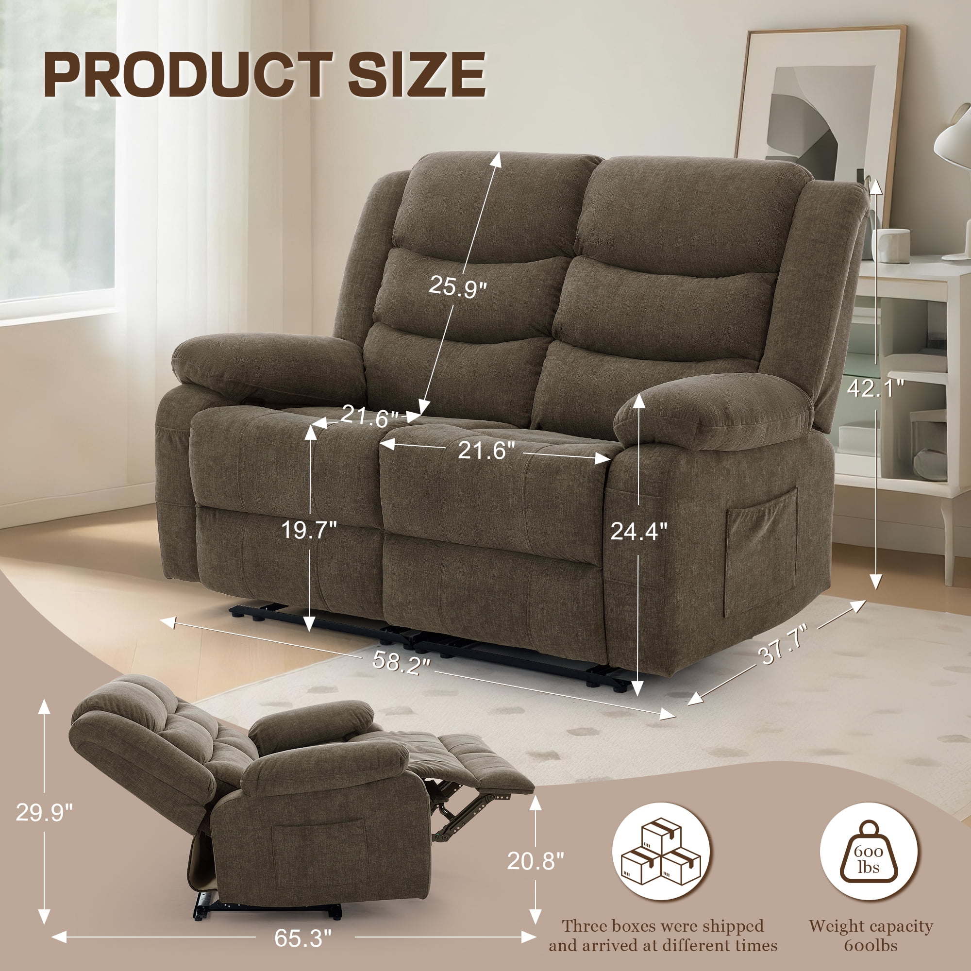 Korser Oversized Loveseat Recliner Sofa with Front Pockets and Side Pockets for Living Room,Home Theater,Brown