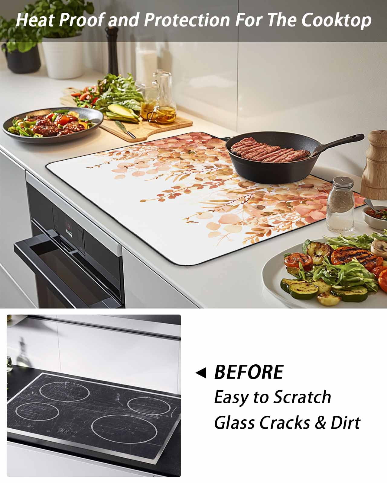 Stove Top Covers for Electric Stove, Orange Eucalyptus Leaves Glass Stovetop Cover Protector, Spring Floral Summer Botanical Induction Cooktop Protector Oven Mat for Kitchen Countertop 28.5"x20.5"
