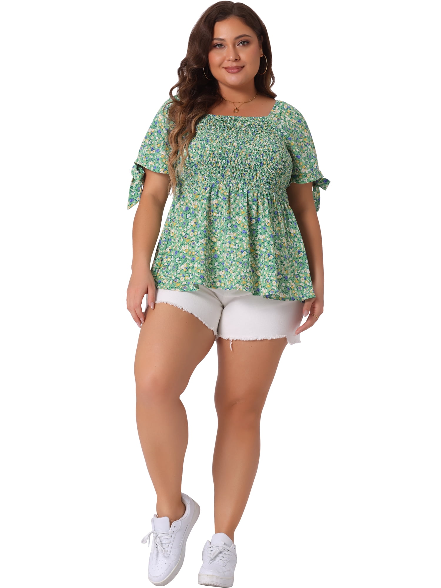 DARING DIVA Women's Plus Size Smocked Bow Tie Short Sleeve Peplum Blouse 2X Green