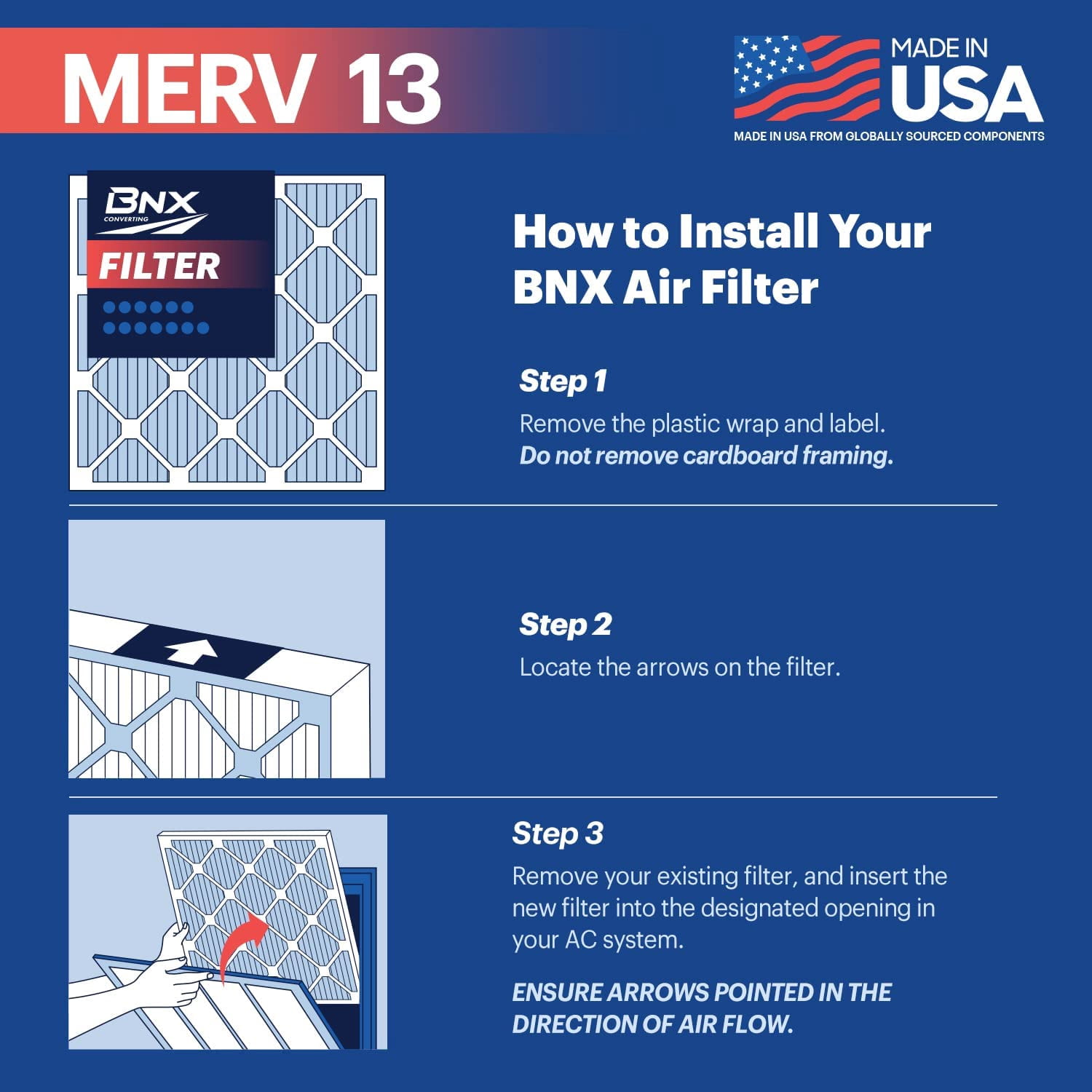 BNX 20x20x1 MERV 13 Air Filter 4 Pack - MADE IN USA - Electrostatic Pleated Air Conditioner HVAC AC Furnace Filters - Removes Pollen, Mold, Bacteria, Smoke