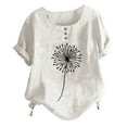 thumbnail image 2 of Womens T Shirts Women's Summer Round Neck Button Cotton and Linen Dandelion Print Short Sleeve T Shirt Top Blouse Tops for Women, 2 of 3