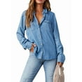 thumbnail image 2 of Women Button Down Denim Shirts Casual Long Sleeve V Neck Chambray Blouse Top Dark Blue L, 2 of 9