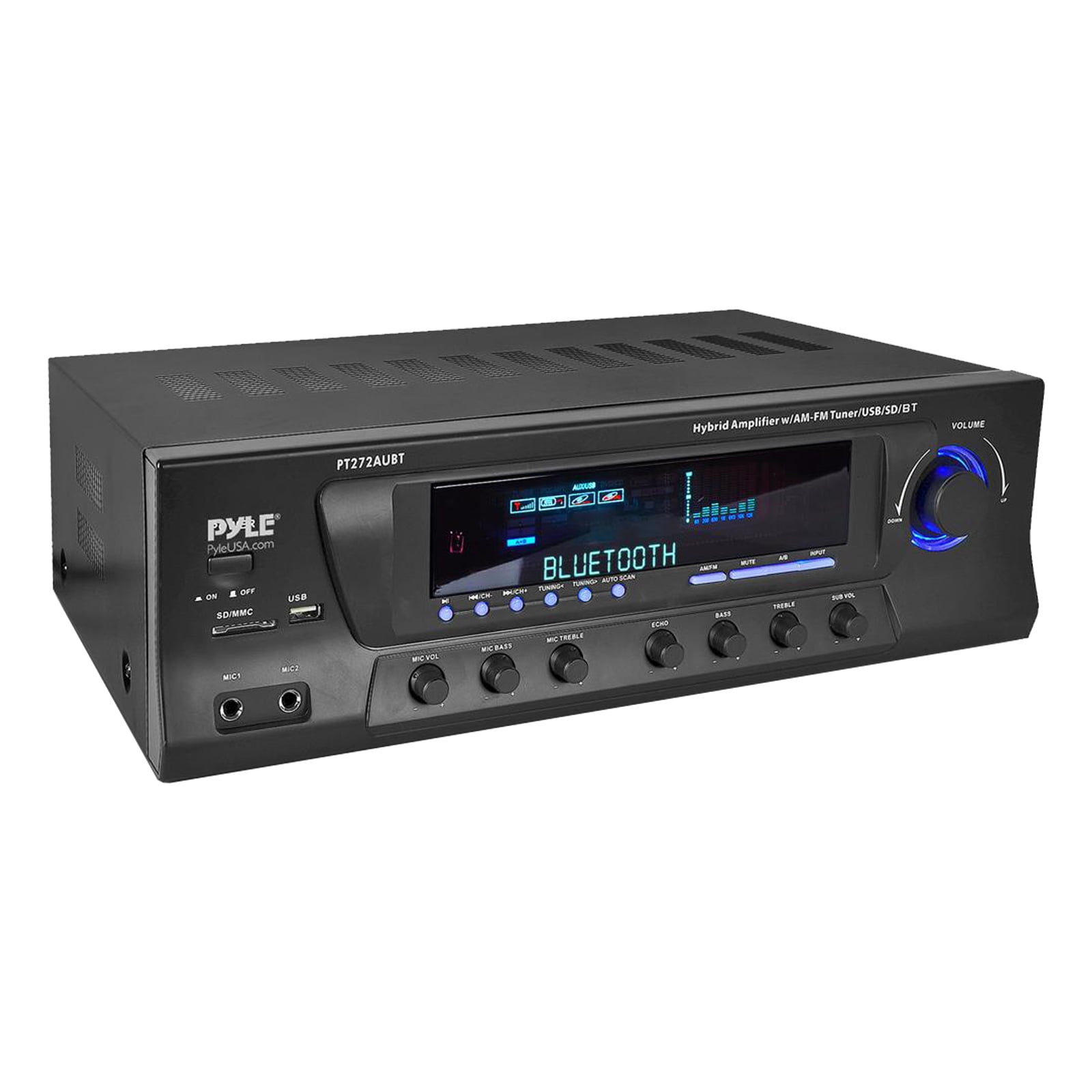 Pyle PT272AUBT High-Power 300 Watt Max AM/FM Radio Bluetooth Home Theater Amplifier Receiver, 2x 6.5'' 240 Watt Max Power Home Theater Wooden Bookshelf Black Speakers, 50 Feet 16 Gauge Speaker Wire