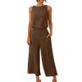thumbnail image 1 of RT5YKing Ensemble 2 Pcs Coton et Lin Mode Femme Col Rond Blouse Sans Manches Unie + Pantalons Amples avec Poches, 1 of 8