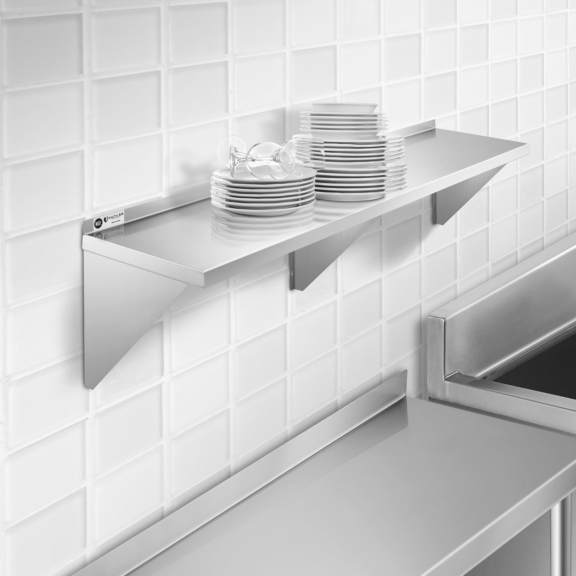 KUTLER 14" x 60" Stainless Steel Shelf, NSF Commercial Wall Mount Shelving w/ Backsplash, Floating Metal Mounted Shelves for Restaurant, Kitchen, Home