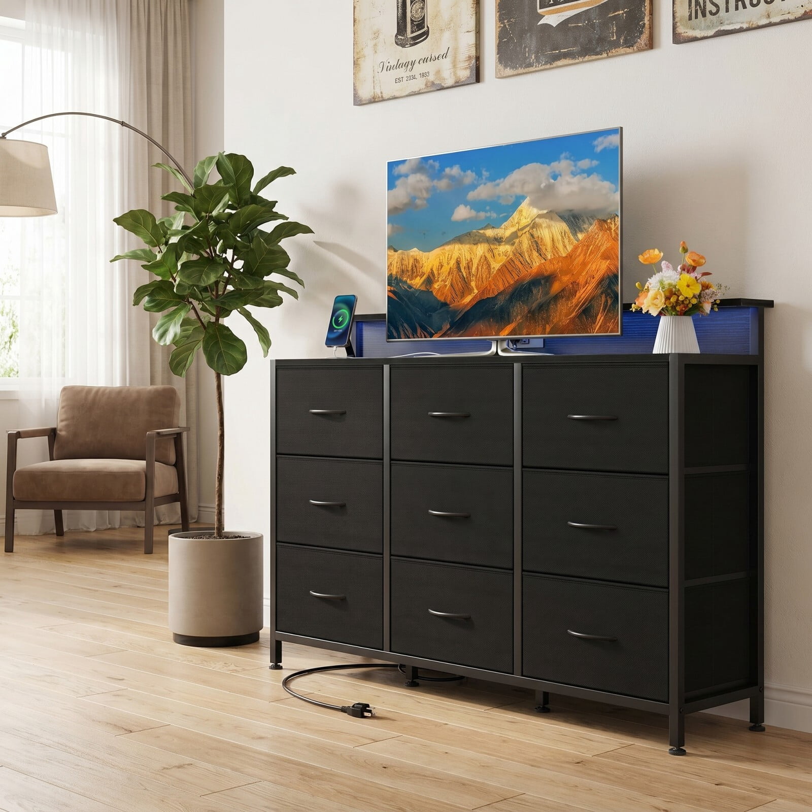 BEAUTYPEAK TV Stand Dresser with 9 Fabric Drawers LED Light AC USB-C Charging Station, Black