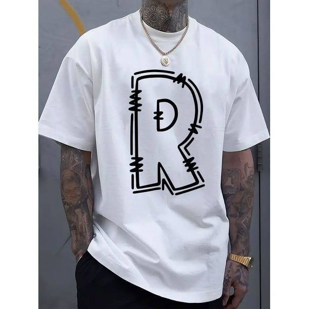 Comfortable and Breathable R-Letter Printed Men's Round Neck Short Sleeved Simple and Stylish T-Shirt for Spring and Summer Vacation Leisure, Casual Sporty Tee, Comfy Tee