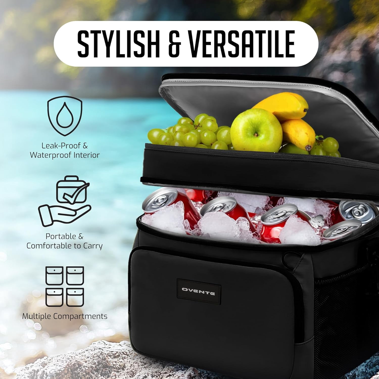 OVENTE Collapsible Soft Cooler Bag, Insulated Lunch Bag with Double-Deck Leakproof Compartments, Waterproof Exterior, Portable for Work, Travel, Beach, Camping and Road Trips, Black CCBI024B