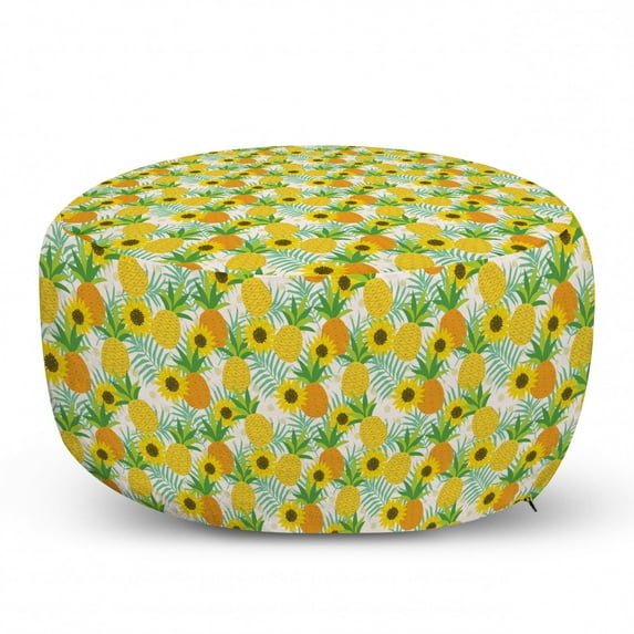 Summer Pouf Cover with Zipper, Continuous Doodle Style Sunflowers and Pineapples, Soft Decorative Fabric Unstuffed Case, 30" W X 17.3" L, Multicolor, by Ambesonne