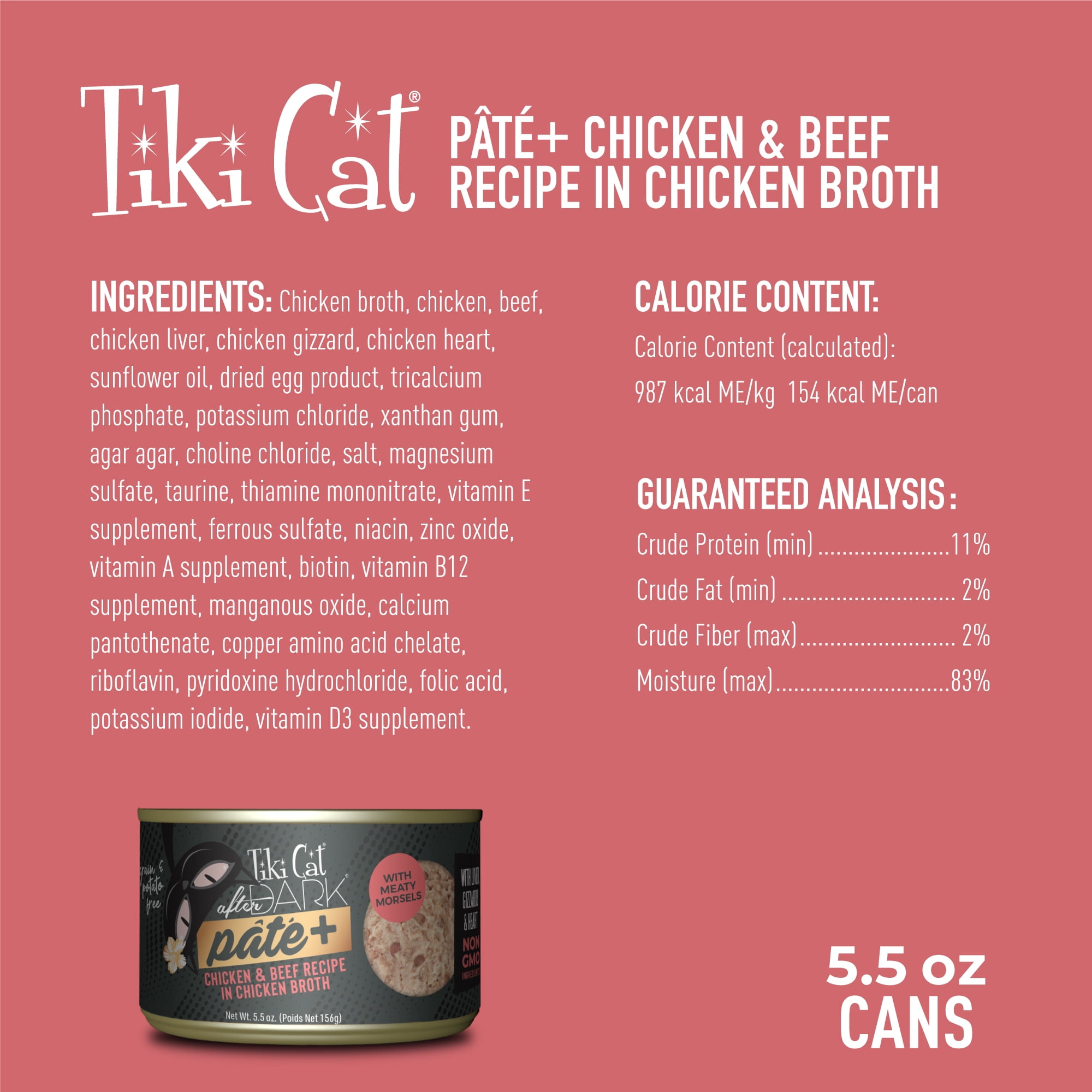 (6 pack) Tiki Cat After Dark Pate+ Wet Cat Food, Chicken & Beef, 5.5 oz. Can