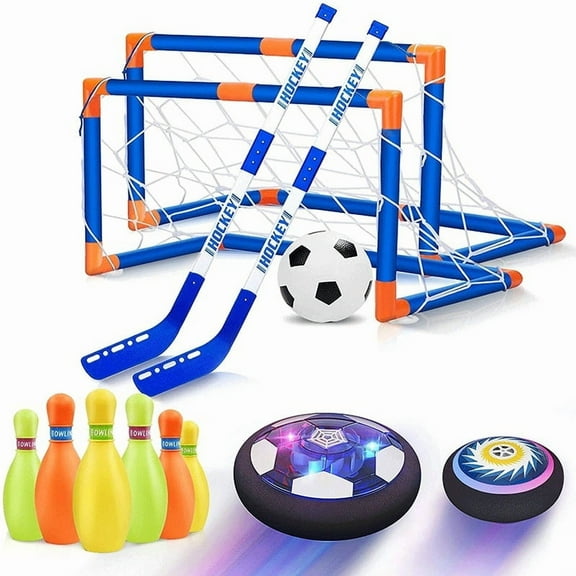 3-in-1 Kids Hover Soccer Hockey Bowling Game Set with Goals, Sticks, Balls and Pins – Indoor Outdoor Sports Play Set