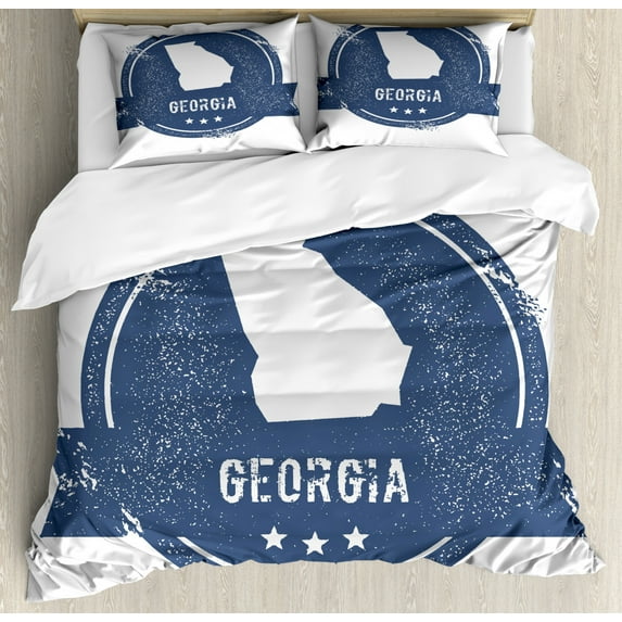Georgia Duvet Cover Set King Size, Grungy Formation of Map Silhouette on a Round with 3 Stars, Decorative 3 Piece Bedding Set with 2 Pillow Shams, Dark Sky Blue and White, by Ambesonne