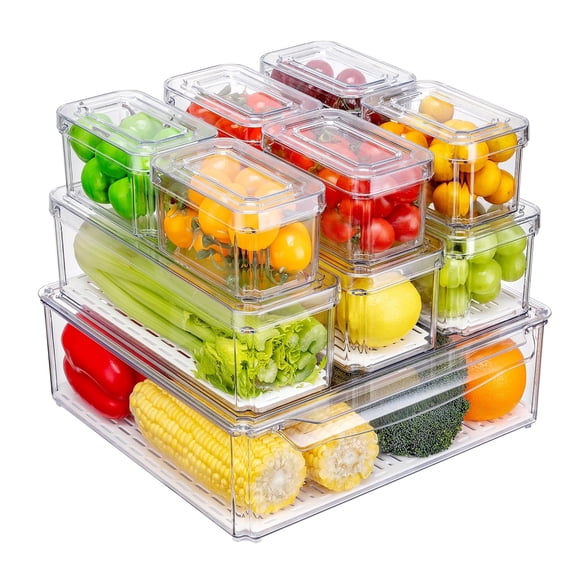 Pure Future Juego de 10 Organizadores de Refrigerador con Tapas y Drenaje - Contenedores de Almacenamiento Transparentes Premium, Apilables, Sin BPA. Para Cocina y Despensa (No para Lavavajillas)
