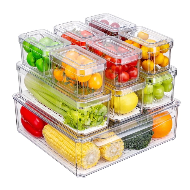 Pure Future Juego de 10 Organizadores de Refrigerador con Tapas y Drenaje - Contenedores de Almacenamiento Transparentes Premium, Apilables, Sin BPA. Para Cocina y Despensa (No para Lavavajillas)