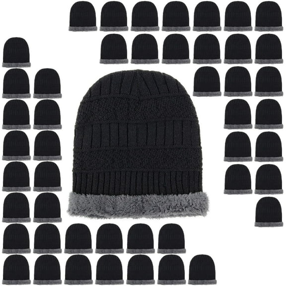 50 Pack of Bulk Wholesale Adult One Faux Fur Lined Stretch Knit Beanie Skull Hats for Men, Women, Fall, Winter, Snow, Wind, Rain, Homeless and Charity Donation in Black