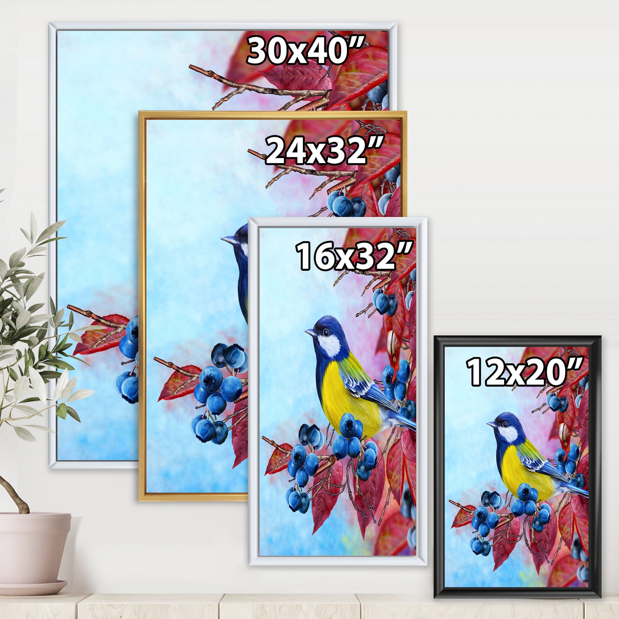 Designart 'Bright Bird Bullfinch Sitting On A Branch of Berries II' Traditional Framed Canvas Wall Art Print