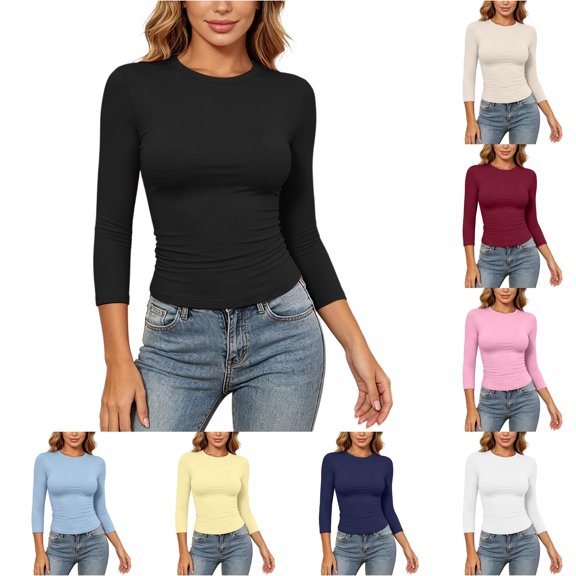 MEZZALL Women T-Shirts 3/4 Sleeve Tee Basic Slim Fit T Shirt Casual Crew Neck Pullover Tops Boho Solid Color Streetwear