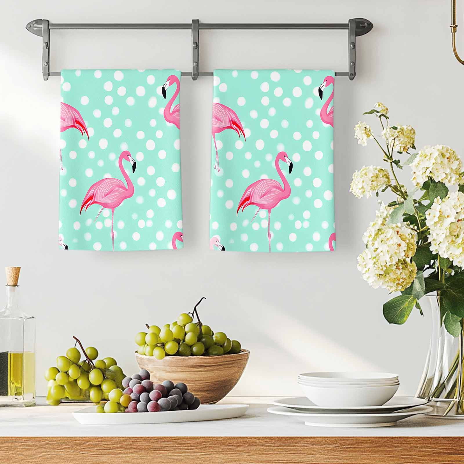 Green Flamingo Kitchen Towels Set of 2, Polka Dot Modern Art Absorbent Dish Towels for Kitchen, Microfiber Hand Towel, Quick Drying Tea Towel for Cleaning Decorative Dishcloths