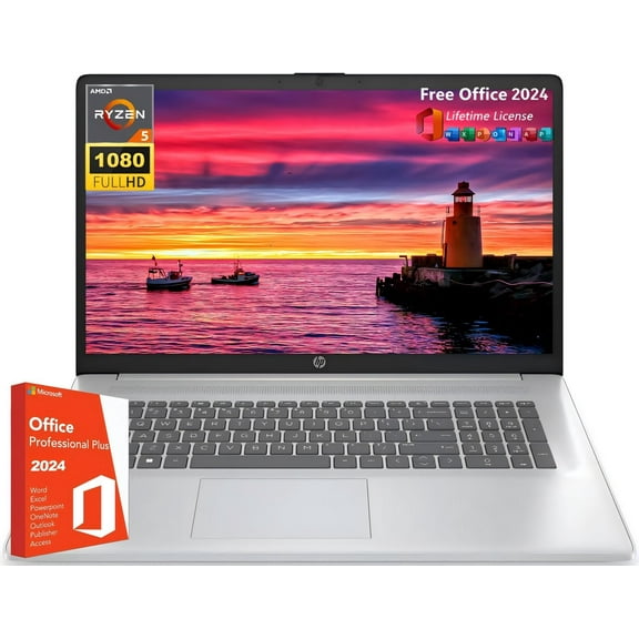 HP 17.3" Business Laptop, Office 2024 Lifetime License, 17.3" FHD Display, AMD Ryzen 5 7430U (6-Cores, Up to 4.3 GHz), 16 GB RAM, 512 GB SSD, Numeric Keypad, Wi-Fi 6, HDMI, Win 11 Pro, w/Accessories