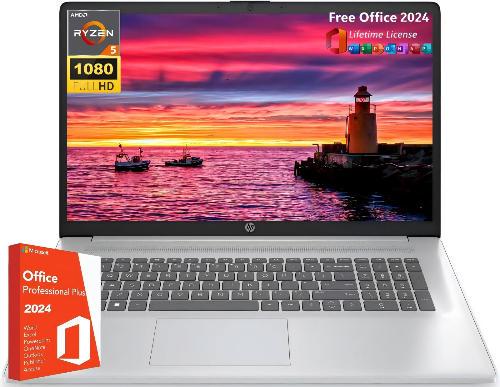 HP 17.3" Business Laptop, Office 2024 Lifetime License, 17.3" FHD Display, AMD Ryzen 5 7430U (6-Cores, Up to 4.3 GHz), 16 GB RAM, 512 GB SSD, Numeric Keypad, Wi-Fi 6, HDMI, Win 11 Pro, w/Accessories