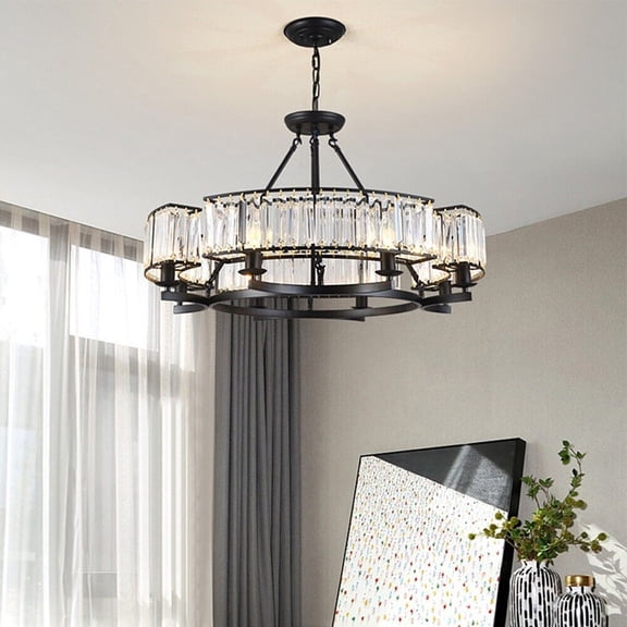 KPIBEST Round Crystal Chandelier Black Modern Industrial Pendant 8 Lights Fixture Farmhouse Indoor for Cafe Dining Room Restaurant