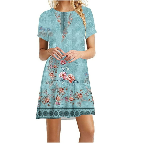 Summer Saving Wycnly Dresses for Women Vintage Graphics Plus Size Swing Tunic Tshirt Dresses Crewneck Short Sleeve Floral Summer Mini Formal Dress Sky Blue s