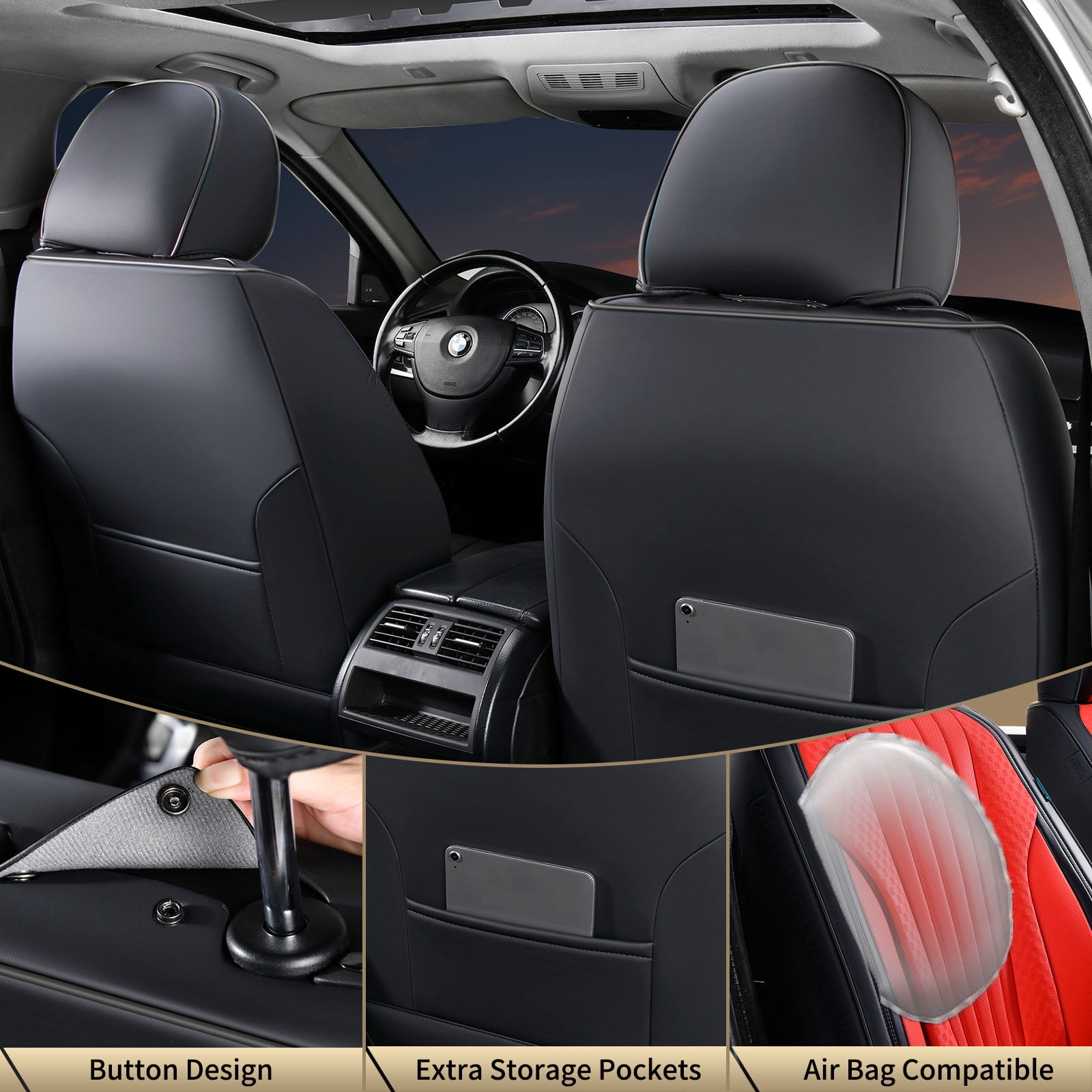 FLORICH Car Seat Covers, 2 Seats Waterproof Faux Leather Seat Cushions, Auto Protectors Universal Fit Most Cars, Black&Red