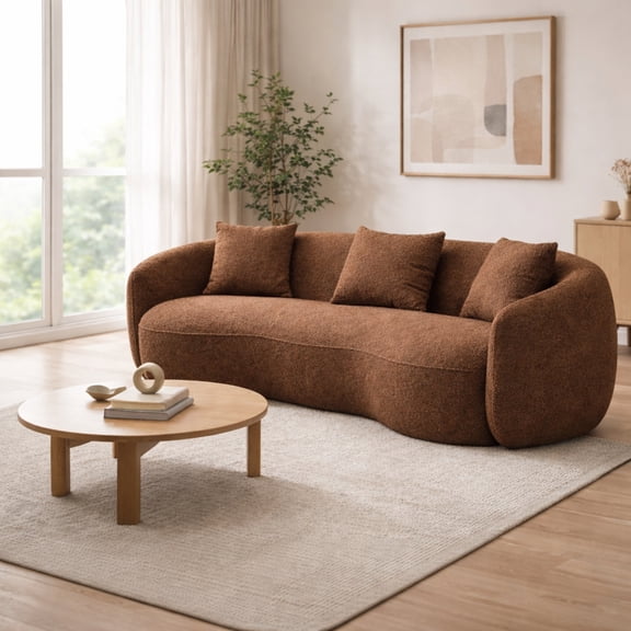 GOMYHOME Curved Bouclé Upholstered 3-Seat Sofa with Pillows, Modern Living Room Couch