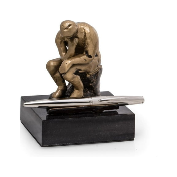 Bronze Finished Thinker Pen Holder on Black Marble Base.