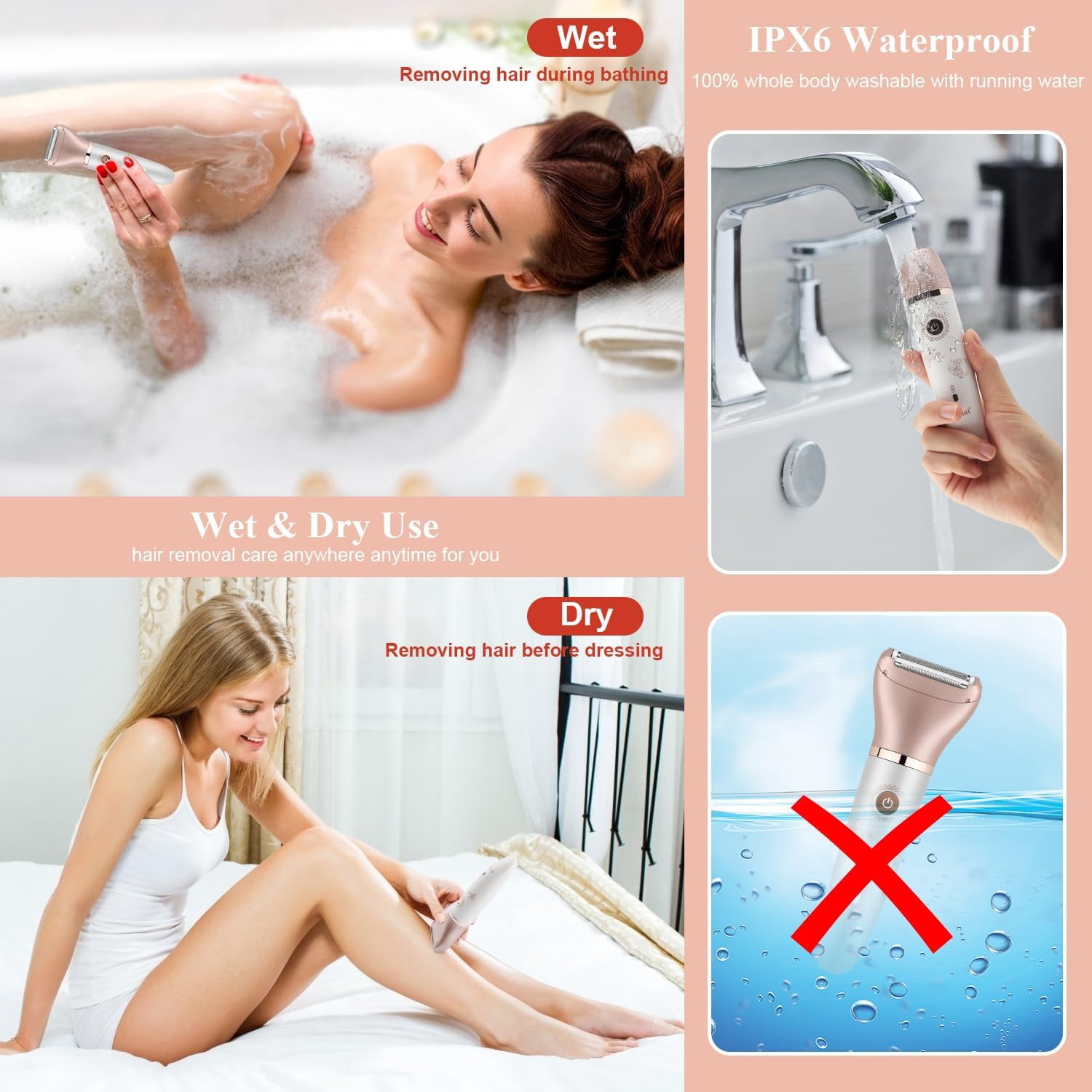 Wiher Electric Razor for Women, 2-in-1 Women Shaver Wet & Dry Painless Hair Removal Razor, Waterproof Body Hair Remover for Face Legs Underarms, Cordless Bikini Trimmer for Women (Rose Gold)
