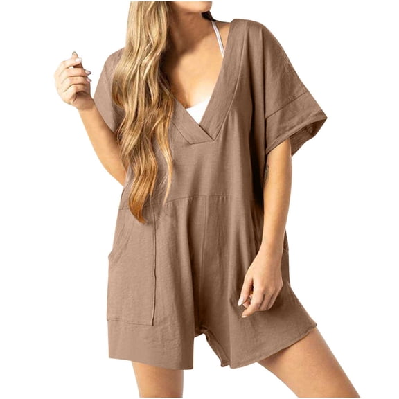 BUIgtTklOP Women's Solid Oversized Casual Rompers Summer Outfits Workout Hot Short Tee Rompers V Neck Loose Short Sleeve Jumpsuit With Pocket