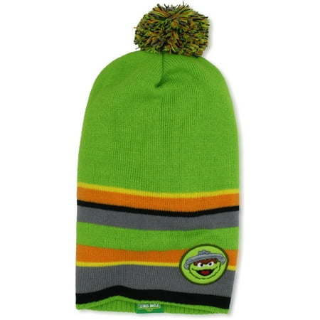 The North Face Boys Fleece - Oscar the Grouch Face Logo Green Sesame Street UV Headwear Little Boys Micro Fleece Lined Knit Hat Cap Slouchy Toque w/ Pom Pom & UPF 50+ Sun Protection