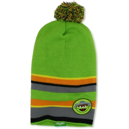 Oscar the Grouch Face Logo Green Sesame Street UV Headwear Little Boys Micro Fleece Lined Knit Hat Cap Slouchy Toque w/ Pom Pom & UPF 50+ Sun Protection