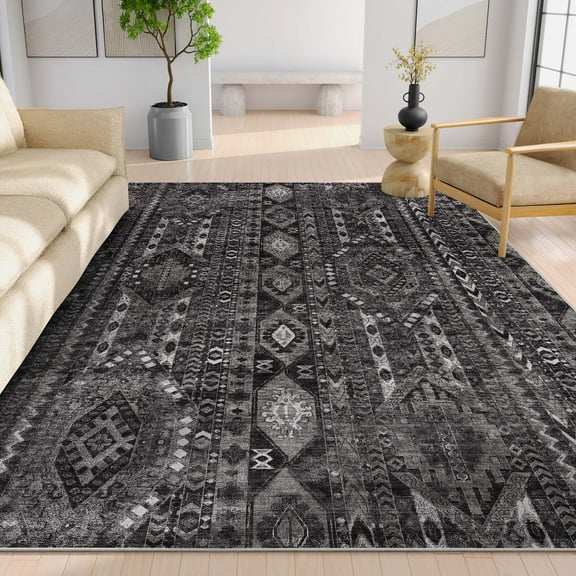Well Woven Apollo Rodeo Vintage Medallion Tribal Black Grey Flat Pile Easy to Clean 5'3" x 7'3" Area Rug for Living Room Dining Room Bedroom and Kitchen