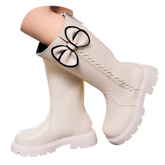 BOBOGOJP Kid Boots Girls Knee High Fashion Boots for Toddler Little Kid/Big Kid Casual Shoes with Bow White for Size 3.5