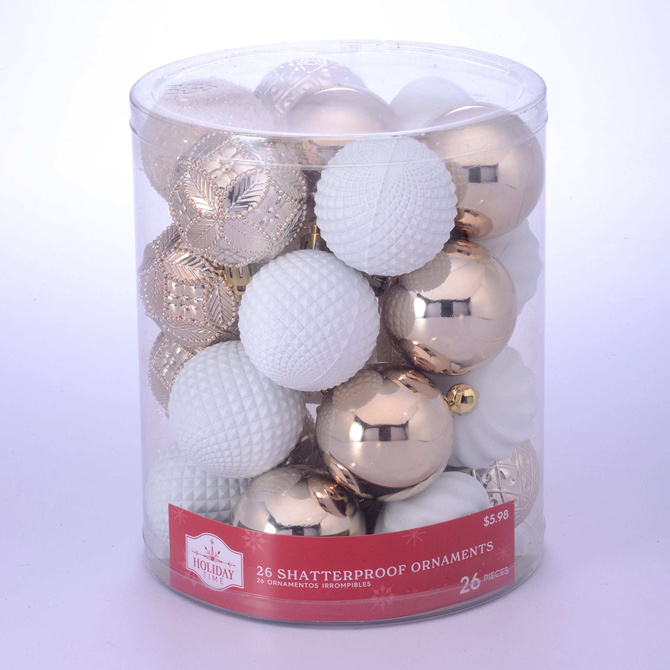 Holiday Time 60 mm Multi-shaped Shatterproof Christmas Ornaments, Champagne Gold and White, 26 Count