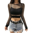 thumbnail image 4 of hirigin Women Mesh Crop Top, Long Sleeve Crew Neck Fish Net Sheer T-shirt Tops for Party Club, 4 of 9