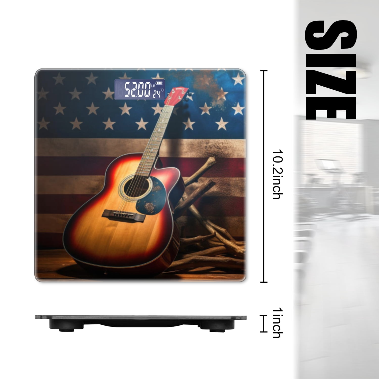 High Precision Body Weight Scale Smart Bathroom Scales with Large LCD Display(400lbs),Decorative for Bedroom-Acoustic Guitar With Wooden Pegs In Front Of American Flag