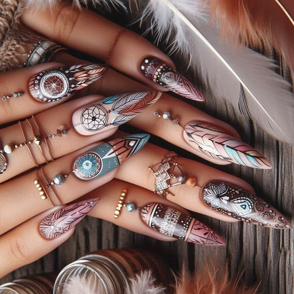 24Pcs Almond Press on Nails Leaves French Fake Nails Acrylic False Nails,Artificial Nails Glues on Nails for Womens