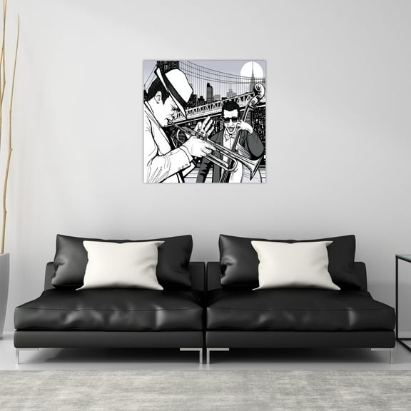 jazz musicians in New york with trumpet and double bass performing musical wall art 20x20in canvas stretched on wood frame