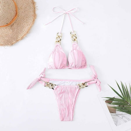 WIZUTIZ Swimming Suits for Women Push Up Slim Self Tie Hanging Neck High Waist with Bottom Tie Side Ribbed Solid Swimsuits Sleeveless V-Neck Swim Suits 2 Piece Double Up Beach Pink