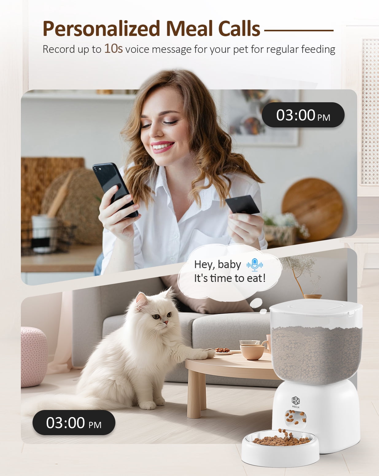 Automatic Cat Feeder and Water Dispenser Set with Pet Food Bowl, Smart Cat Food Timer Automatic Feeder, Locking Lid, Voice Recorder (White)