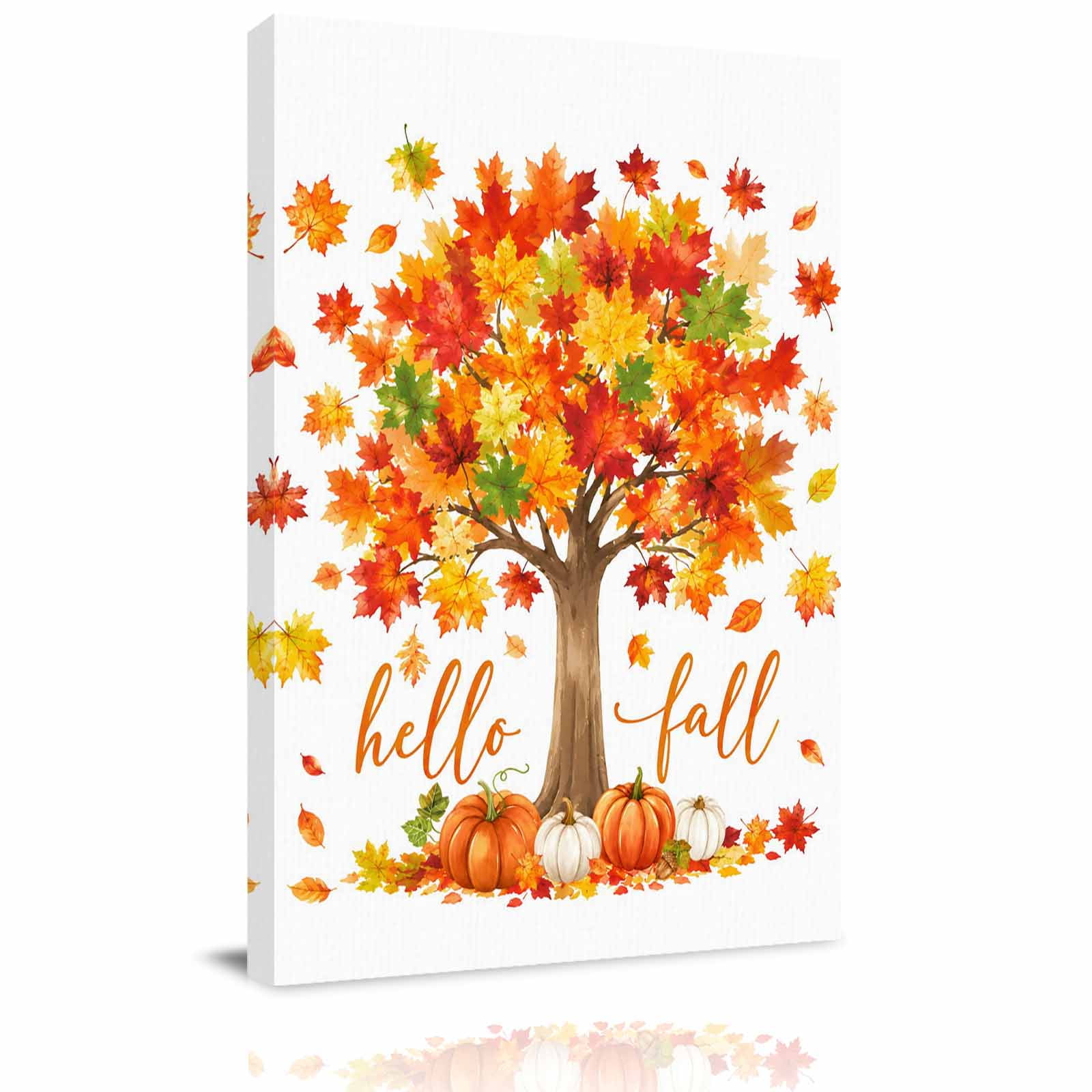 Canvas Wall Art Hello Fall Framed Canvas Prints for Kitchen Bedroom Thanksgiving Tree Maple Leaf Autumn Pumpkin Small Gallery Wrapped Wall Decor for Home Office Gifts 8 x12 Ship Next Day