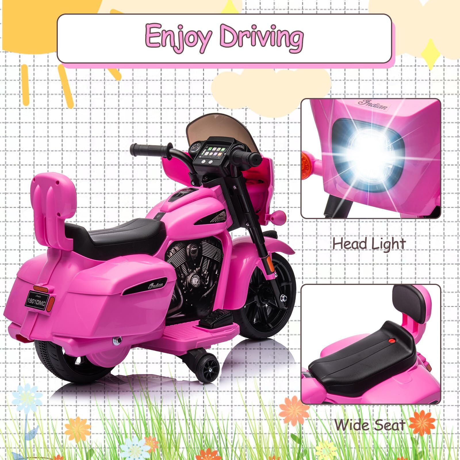 Kids Ride On Motorcycle, Licensed Indian 6V Ride on Toy Electric Motorcycle with USB, AUX，Music and Headlight for Toddler Boys and Girls
