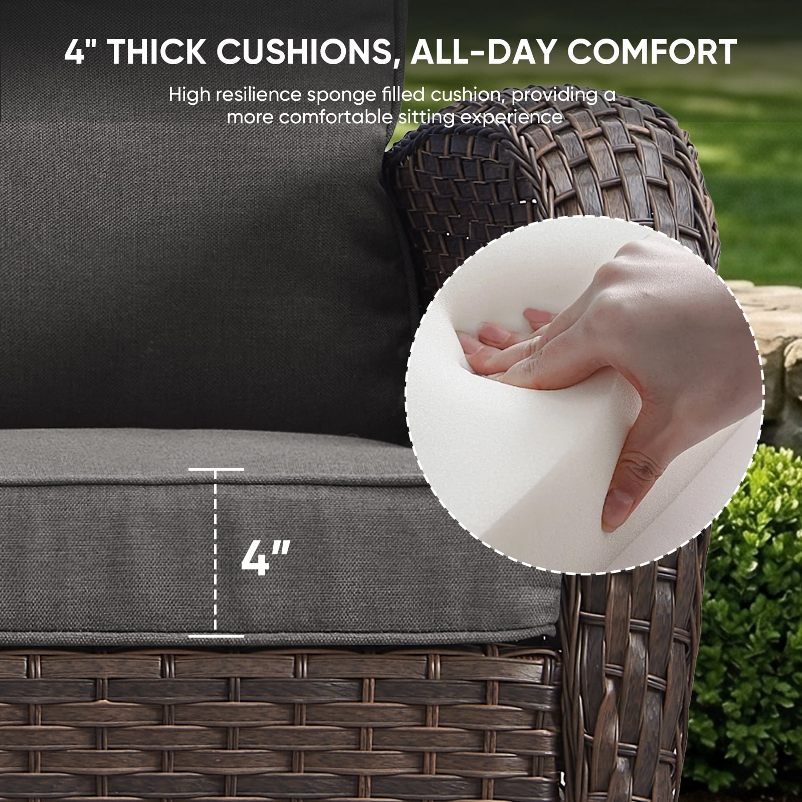 POCASSY 5PCS Outdoor Patio Furniture Set, Patio Furniture Set with Fire Pit Table Wicker Patio Couch Outdoor Swivel Chair and 43" Propane Firepit Table Rectangular, Brown Wicker & Gray Cushion