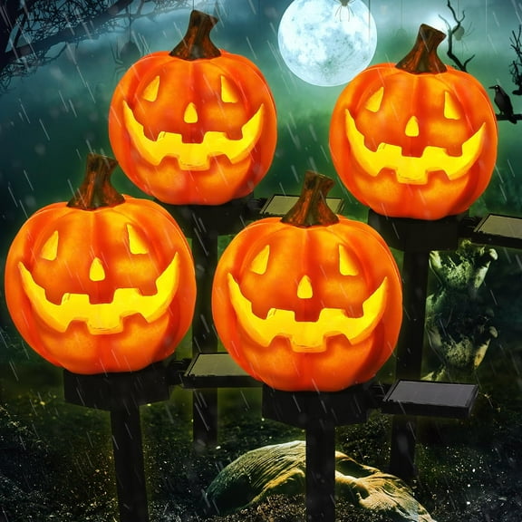 2 Pack Halloween Solar Pumpkin Pathway Lights - Waterproof Outdoor Decor Jack O Lantern Solar Lights for Orange Yard Patio Garden Halloween Decoration