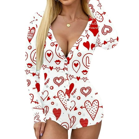 

Liacowi Women Valentines Day Jumpsuit Pajamas Long Sleeve Bodycon Romper Shorts Heart One Piece Bodysuit Overall